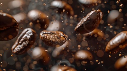 Coffee beans falling in the air close up
