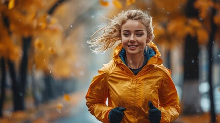Happy young blonde woman jogging in the city. Smiling american female running, cityscape fitness & exercise. 
