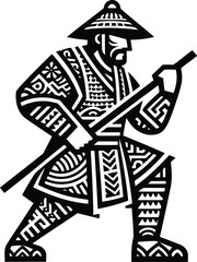  chinese warior silhouete with Polynesian ethnic pattern illustration