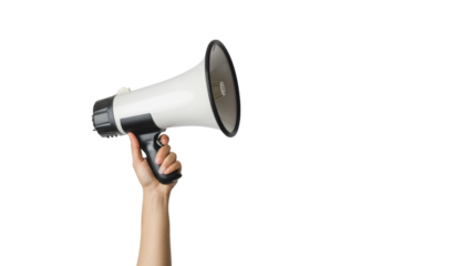 Hand holding a megaphone on white background