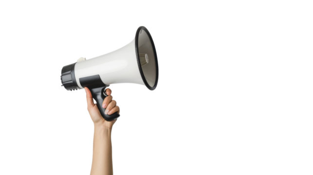 Hand holding a megaphone on white background