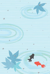 金魚と青もみじの夏の波紋和風背景（はがきサイズ）