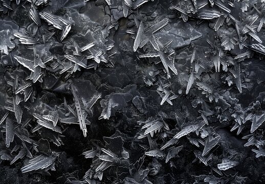 Intricate Ice Crystals on a Black Surface - A close-up of ice crystals forming intricate patterns on a dark surface.