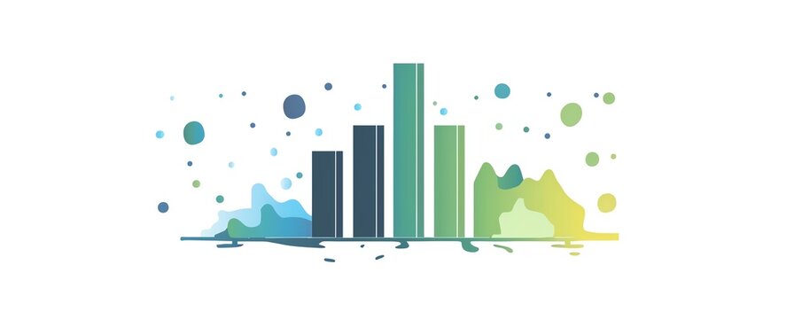 Abstract illustration of a bar chart with colorful dots and graphs, representing data analysis and business statistics.