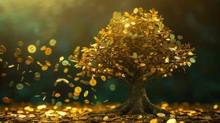 Wealthy Harvest: Vibrant Money Tree with Golden Coins as Leaves Signifying Growth and Success in Investments