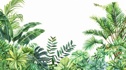 Watercolor Illustration of Lush Tropical Foliage - A vibrant watercolor painting showcasing a collection of tropical plants and leaves, creating a lush and exotic atmosphere.