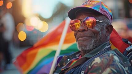 Senior african american gay man sitting in a wheelchair at pride month summer event carrying a...