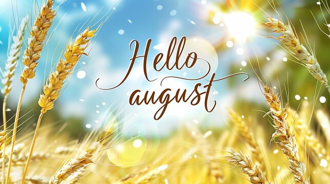 Hello august - text on a background of wheat field in sunny day