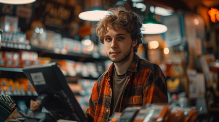 Obraz premium Young male cashier shop worker at small business store during cost of living financial crisis and inflation. 