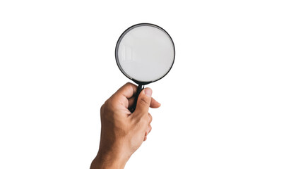 Hand holding magnifying glass on white background