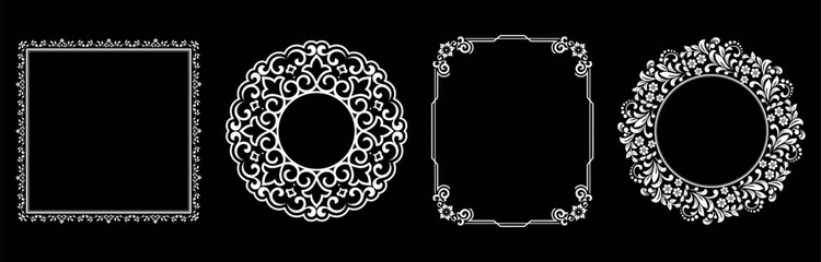 Set of decorative frames Elegant vector element for design in Eastern style, place for text. Floral black and white borders. Lace illustration for invitations and greeting cards.