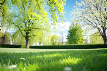 Naklejka premium Beautiful blurred background image of spring nature with a neatly trimmed lawn surrounded by trees against a blue sky with clouds on a bright sunny day.
