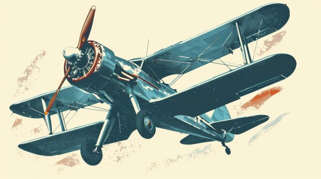 biplane in flight, teal and brown, vintage style clip art preview