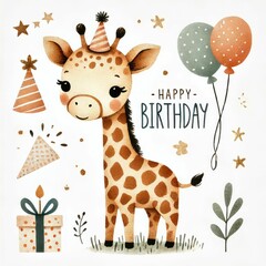 Obraz premium cute giraffe, birthday theme. earth tone color, watercolor illustration, Perfect for nursery art, simple clipart, single object, white color background.