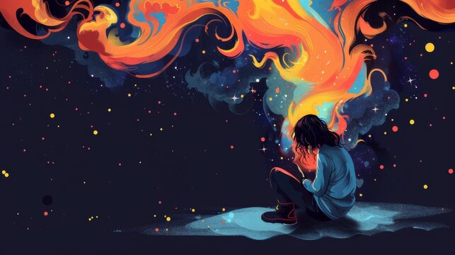 Horizontal banner. World ADHD Awareness Day. Silhouette of a teenager with colorful swirls on a black background with spots and stars. Mental health. Attention deficit hyperactivity disorder. Autism