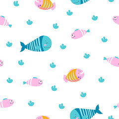 Cartoon aquatic animals. Seamless pattern. Fish characters underwater world. Marine life. Vector drawing. Design ornaments.