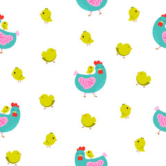 Hen rooster and chick. Seamless pattern. Cute chicken farm characters. Vector drawing. Design ornaments.