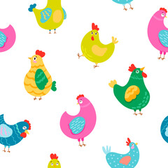 Hen rooster and chick. Seamless pattern. Cute chicken farm characters. Vector drawing. Design ornaments.