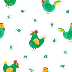 Hen rooster and chick. Seamless pattern. Cute chicken farm characters. Vector drawing. Design ornaments.