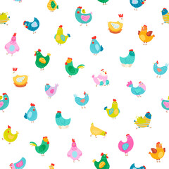 Hen rooster and chick. Seamless pattern. Cute chicken farm characters. Vector drawing. Design ornaments.