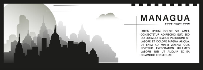 Obraz premium Managua skyline vector banner infographic, black and white minimalistic cityscape silhouette. Nicaragua capital city horizontal graphic, travel, monochrome layout for website