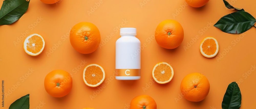 Wall mural Natural bio supplement Vitamin C bottle mockup, surrounded by fresh oranges, vivid orange background, dynamic advertising design - Wall murals