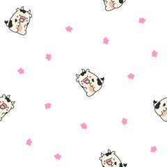 Cute cartoon kawaii cow. Seamless pattern. Animal funny characters. Hand drawn style. Vector drawing. Design ornaments.