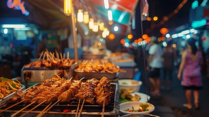 Night market food stall with hot grilled street food, neon light glow, food displayed attractively, bustling blurred background