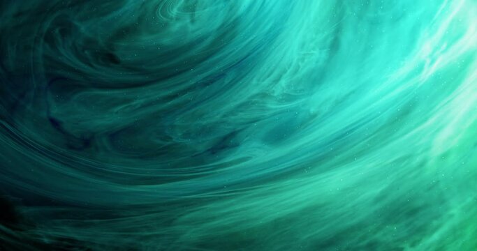 Mist wave. Paint water flow. Blur cyan blue green color smoke cloud flow glitter particles texture ink vortex abstract art background.