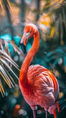 Fototapeta premium Pink flamingo in a full body portrait, light airy background, graceful stance, detailed and vibrant