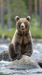 Obraz premium Brown Bear Sitting on Rock in Forest River