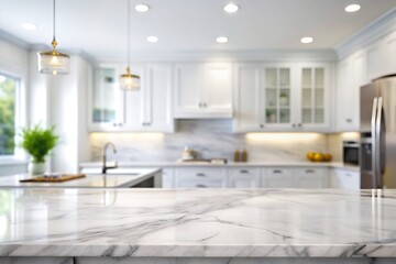 White Marble Kitchen Countertop with Blurred Background.