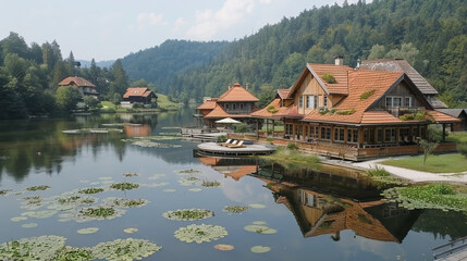 Obraz premium Scenic Lakefront House with Red Roofs and Lush Forested Hills in Serene Landscape