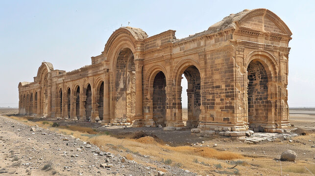 Ancient Stone Archways of Hatra: Architectural Ruins in Desert Landscape