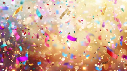 Vibrant confetti pieces floating in the air with a soft bokeh background, creating a festive and celebratory atmosphere.
