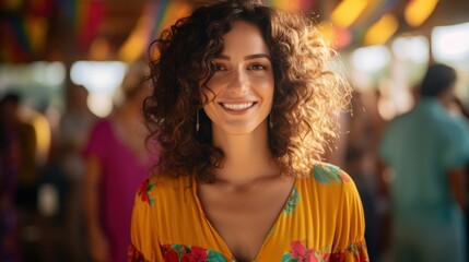 Fototapeta premium A joyful woman with curly hair smiles at an outdoor festive event, surrounded by colorful decorations and people.