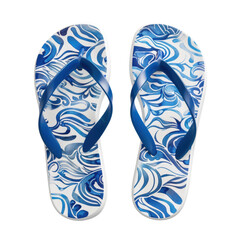 Pair of stylish blue and white flip flops featuring a wave pattern transparent background, PNG