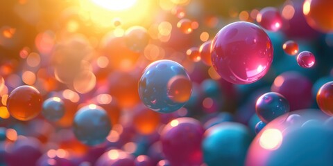 An abstract image of floating colorful bubbles illuminated by warm bokeh light, evoking a playful and dreamy atmosphere.