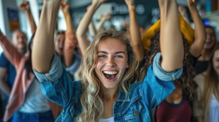 Obraz premium A young woman enthusiastically cheers with a crowd, expressing joy and excitement, creating a lively and energetic atmosphere.