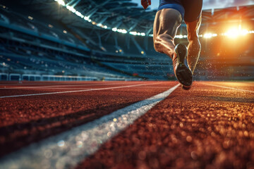 Low angle, track and field, sprinter crossing the finish line in victory, stadium, joy and relief, motion blur, professional color grading, soft shadows, no contrast...
