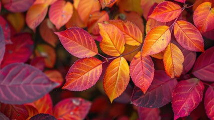 A detailed close-up of vibrant autumn leaves showcasing a stunning array of red, orange, and yellow colors in the fall.
