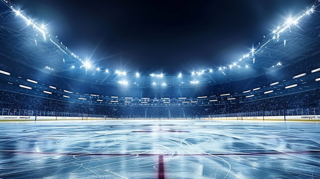 Empty Ice Hockey Rink in a Stadium with Bright Lights and Audience Seating