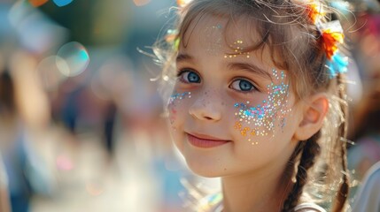 Close-up of a young girl with glittery face paint, smiling brightly at a festival, highlighting her sparkling eyes and joyful expression.