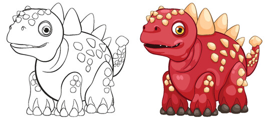 Adorable dinosaur in color and outline versions
