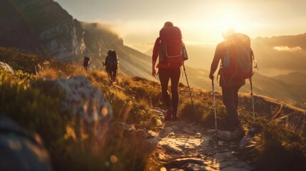 Group of hikers walking on a mountain trail at sunset, surrounded by scenic views and glowing sunlight.