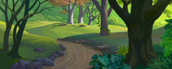 The road is in the middle of the lush green jungle with foliage, creepers, and meadows.