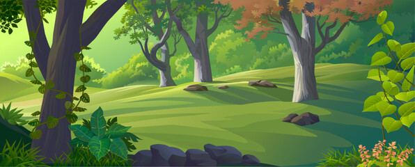 Fototapeta premium Green forest with trees, plants rocks and bright background.