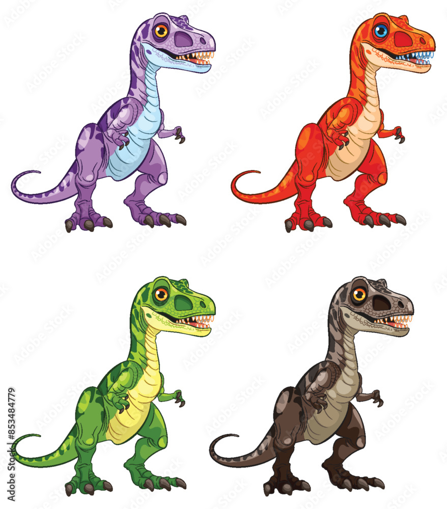 Wall mural four vibrant dinosaurs in different colors