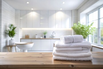Fototapeta premium White towels on wooden counter in a bathroom.