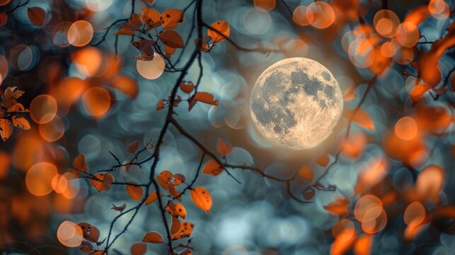 A full moon surrounded by autumn leaves and bokeh lights, creating a magical and ethereal night scene.